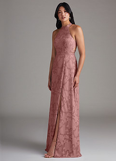 Azazie Clarice Bridesmaid Dresses Dusty Rose A-Line Side Slit Floral Burnout Dress image3