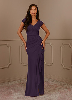 Azazie Roya Mother of the Bride Dresses Plum Mermaid V-Neck Pleated Mesh Dress image2