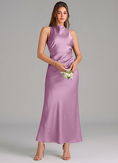 Azazie Evadne Vestidos de damas de honor Vestido de Glicinia de Satén Elástico de Corte Recto con Plisado image3