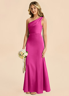 Azazie Ren Junior Fuchsia A-Line Pleated Stretch Satin Dress image2
