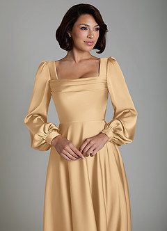 Azazie Solana Robes de demoiselle d'honneur Robe Trapèze en Satin extensible Manches longues Or image3