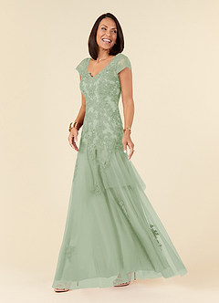 Azazie Romy Mother of the Bride Dresses Dusty Sage Mermaid V-Neck Sequins Tulle Dress image2