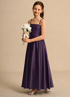 Azazie Pebbles Junior Formal vestidos de niña de las flores Vestido de Ciruela de Satin Mate de Corte En A con Plisado image6