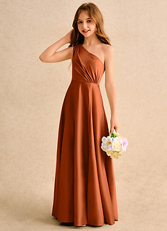 Azazie Puddles Girls Formal Flower Girl Dresses Burnt Orange A-Line One Shoulder Matte Satin Dress image6