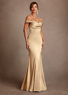 Azazie Boone Mother of the Bride Dresses Champagne Mermaid Off the Shoulder Stretch Satin Dress image1