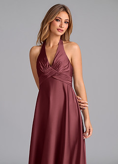 Azazie Tessie Bridesmaid Dresses Merlot A-Line Pleated Stretch Satin Dress image3