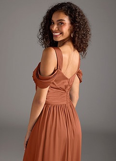 Azazie Lianne Bridesmaid Dresses Cedar Rose A-Line Off the Shoulder Stretch Satin Dress image4