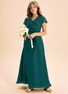 Azazie Lainey Junior Abito A-Line in Chiffon Con Tasche Verde Pavone image6