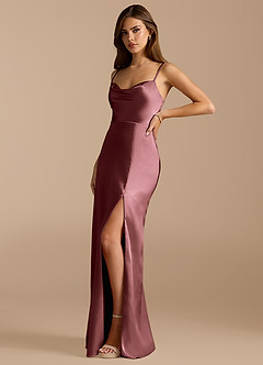 Azazie Erma Final Sale Vintage Mauve A-Line Side Slit Metallic Satin Dress image4