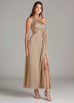 Azazie Brooke 신부 들러리 드레스 A라인 한쪽 어깨 스트레치 새틴 발목 길이 드레스 image4