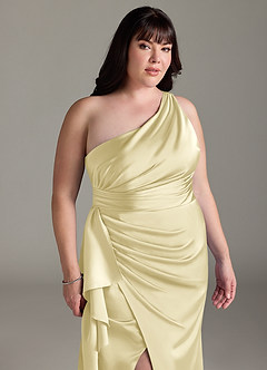 Azazie Maive Final Sale Lemon Sorbet Sheath Ruched Stretch Satin Dress image11