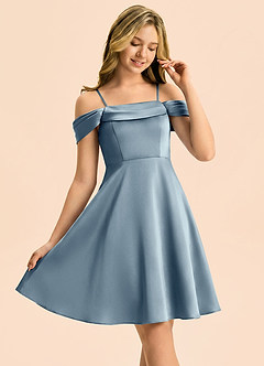 Azazie Anselie Junior Dusty Blue A-Line Off the Shoulder Stretch Satin Dress image1