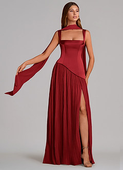 Azazie Stephanie Bridesmaid Dresses Scarlet A-Line Pleated Stretch Satin Dress image1