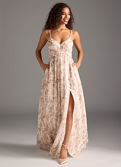 Azazie Alia Bridesmaid Dresses Pink Fern Floral A-Line Pleated Chiffon Dress image5