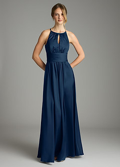 Azazie Bonnie Bridesmaid Dresses Dark Navy A-Line Pleated Stretch Satin Dress image3
