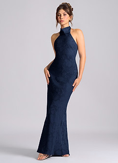 Azazie Velli 신부 들러리 드레스 인어 하이넥 플로럴 번아웃 바닥 길이 드레스 image1