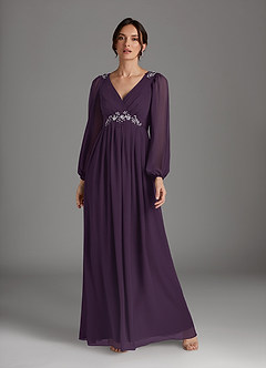Azazie Gypsy vestidos de madre de la novia Vestido de Ciruela de Gasa de Corte En A con Lentejuelas cuello pico image3