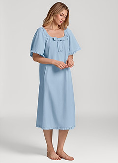 front Vestido pijama de algodón de manga corta con lazo y volantes
