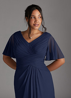 Azazie Emmeline Mother of the Bride Dresses Dark Navy A-Line V-Neck Pleated Mesh Dress image10