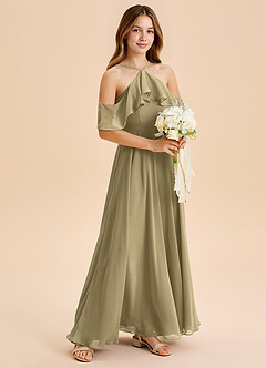 Azazie Tessabelle Junior Moss Green A-Line Off the Shoulder Chiffon Dress image1