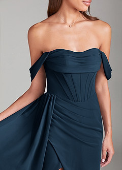 Azazie Amyra Bridesmaid Dresses Dark Navy Sheath Off the Shoulder Chiffon Convertible Dress image5