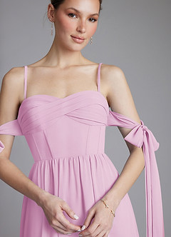 Azazie Ayanna Bridesmaid Dresses Candy Pink A-Line Off the Shoulder Chiffon Dress image3