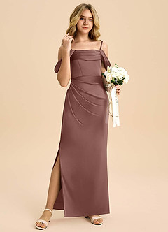 Azazie Saige Junior Robe Fourreau en Satin extensible Épaule décolletée Expresso image4