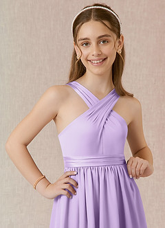Azazie Jiya Junior Lilac A-Line Pleated Stretch Satin Dress image4