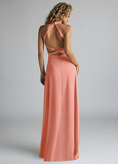 Azazie Clarice Bridesmaid Dresses Coral A-Line High Neck Stretch Satin Dress image3