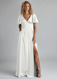 Azazie Kimber Bridesmaid Dresses White A-Line Ruched Stretch Satin Dress image7