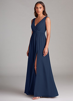 Azazie Tanicia Bridesmaid Dresses Dark Navy A-Line Pleated Chiffon Dress image2