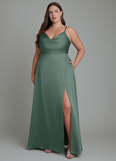 Azazie Sarella Robes de demoiselle d'honneur Robe Trapèze en Satin extensible Plissé Mousse De Mer image10