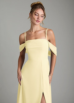Azazie Mercedes At-home Try On Dresses Lemon Sorbet A-Line Off the Shoulder Chiffon Dress image3