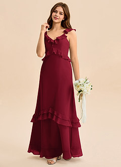 Azazie Tavie Junior Burgundy A-Line Ruched Chiffon Dress image5