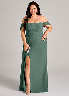 Azazie Amyra Bridesmaid Dresses Sea Moss Sheath Off the Shoulder Chiffon Convertible Dress image12