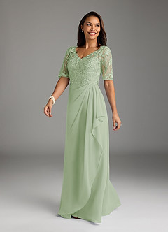 Azazie Amedeus vestidos de madre de la novia Vestido de Salvia Polvorienta de Gasa de Corte En A con Encaje cuello pico image5