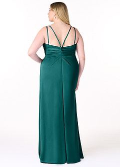 Azazie Aqua Bridesmaid Dresses Peacock A-Line V-Neck Pleated Stretch Satin Dress image9