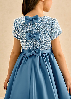 Azazie Cashew Flower Girl Dresses Steel Blue Ball-Gown with Sleeves Matte Satin Dress image7
