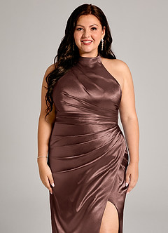 Azazie Jemma Jurken voor bruidsmeisjes Jurk van Metaalachtig Satijn met Kolom Geplooid Espresso image12