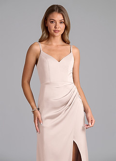 Azazie Leo Final Sale Blushing Pink Sheath Pleated Stretch Satin Dress image3