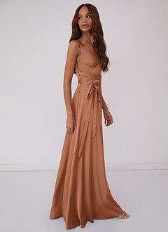 Barbie ♥ Azazie Final Sale Bronzer A-Line Bow Stretch Satin Dress image3