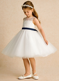 Azazie Lettie Flower Girl Dresses Ivory Dark Navy Ball-Gown Lace Dress image3
