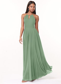 Azazie Cherish Vestidos de damas de honor Vestido de Matcha de Gasa de Corte en A con Plisado image3