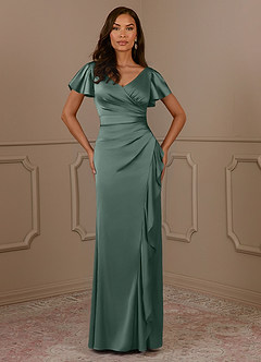 Azazie Roya Mother of the Bride Dresses Sea Moss Mermaid V-Neck Pleated Stretch Satin Dress image2