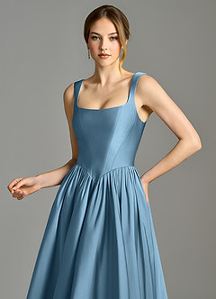 Azazie Verina Bridesmaid Dresses Steel Blue A-Line Pleated Stretch Satin Dress image2