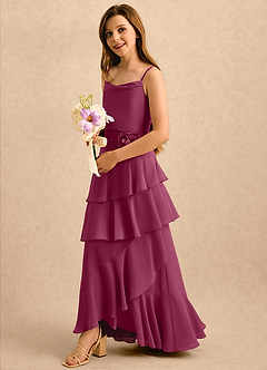 Azazie Indiah Girls Formal Robe Demoiselle D'honneur Fillette Robe Trapèze en Mousseline de soie Drapé Mûre image4