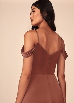Azazie Ocean Robes de demoiselle d'honneur Robe Trapèze en Satin extensible Col V plissé Auburn image5