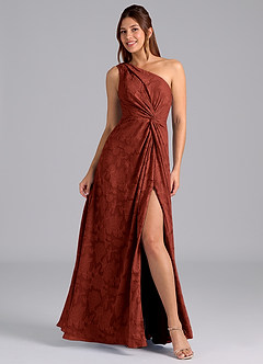 Azazie Brooke Bridesmaid Dresses Terracotta A-Line One Shoulder Floral Burnout Dress image1
