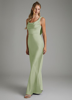 Azazie Elena At-home Try On Dresses Dusty Sage Mermaid Pleated Stretch Satin Dress image4