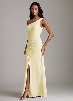 Azazie Madelyn Vestidos de damas de honor Vestido de Sorbete De Limón de Gasa de Corte Sirena Convertible con Hombro unilateral image6